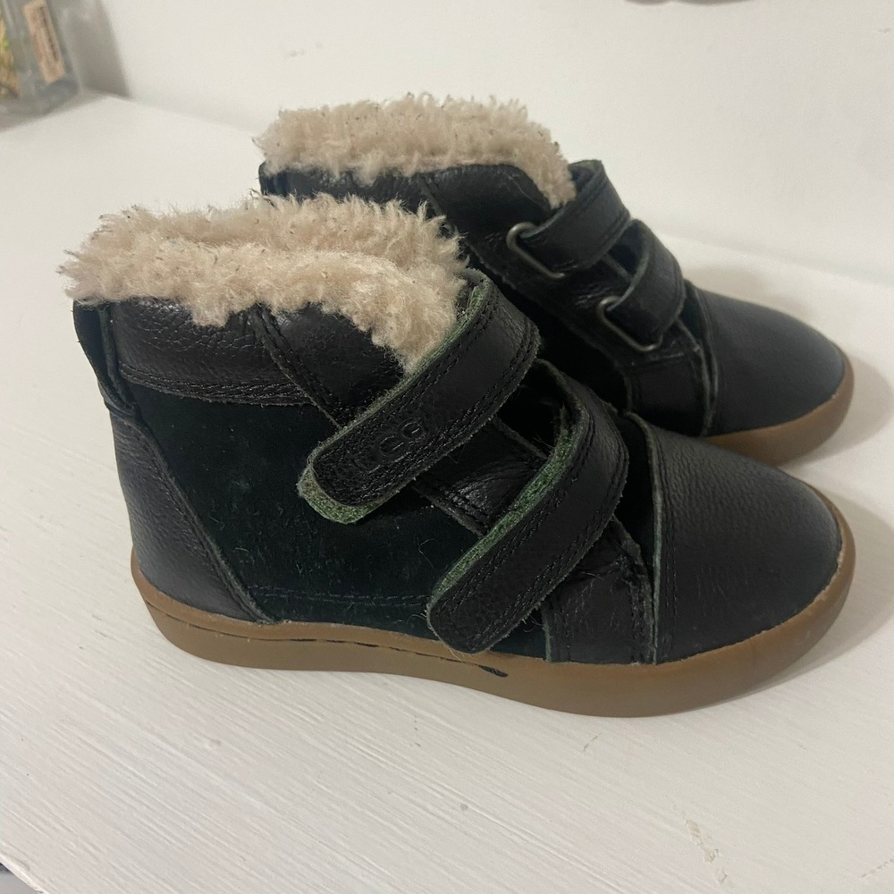 Ugg Kids Rennon II Black‎ Leather Suede Fur Lined High Top Boots Toddler Size 8